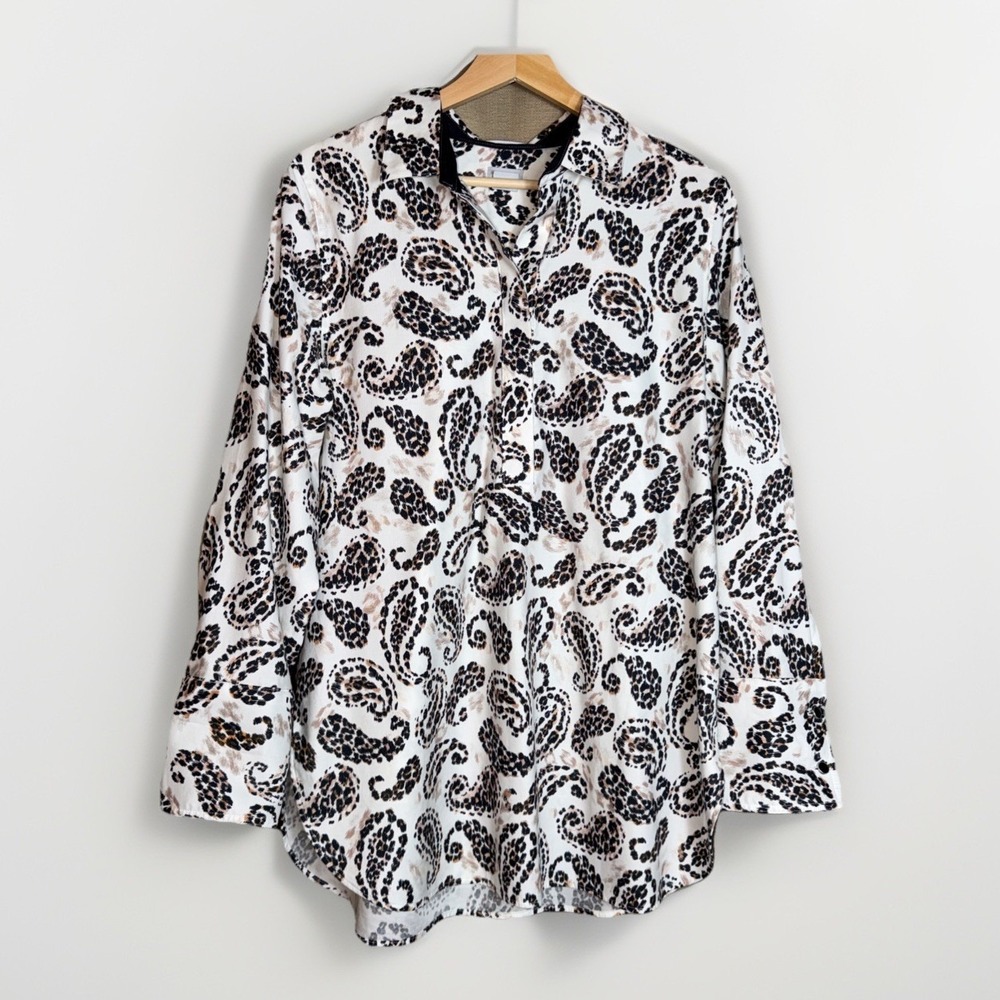 Chicos Womens Shirt Size 6 Paisley Leopard No Iron Chic Stretch 1/2 Buttons